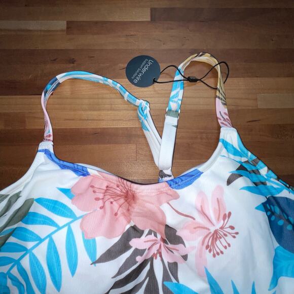 Coco Reef Women's Palm-Print Mesh-Overlay Tankini - Blue 32DD - Picture 4 of 11